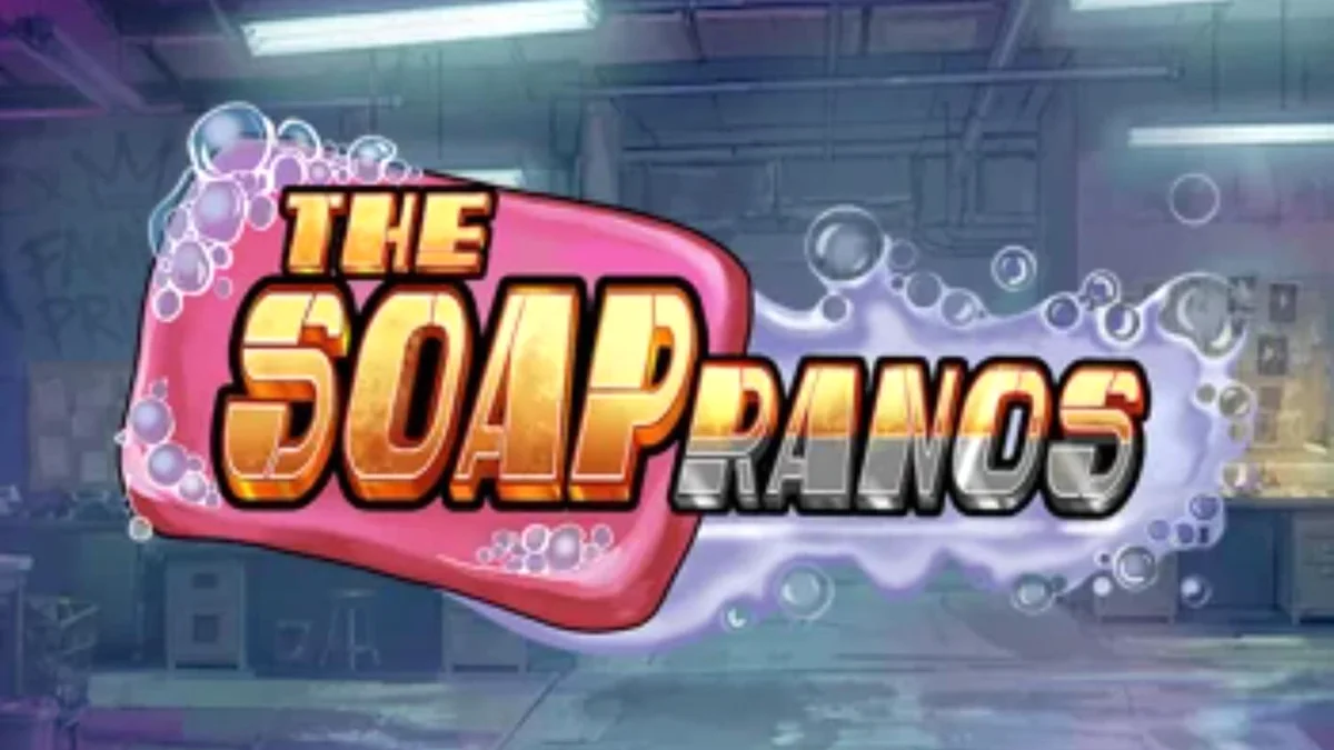 Tampilan layar permainan slot The Soapranos di perangkat seluler yang menunjukkan grafis bertema mafia binatu.